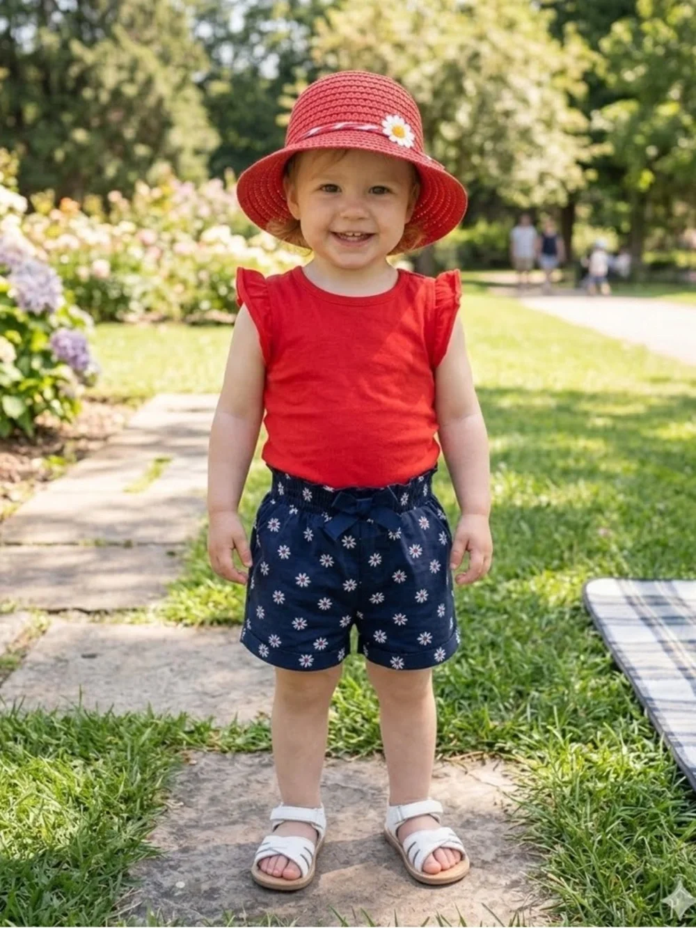 Baby GAP 3pc Set Red Top, Navy Floral Shorts & Red Straw Hat Size 3T